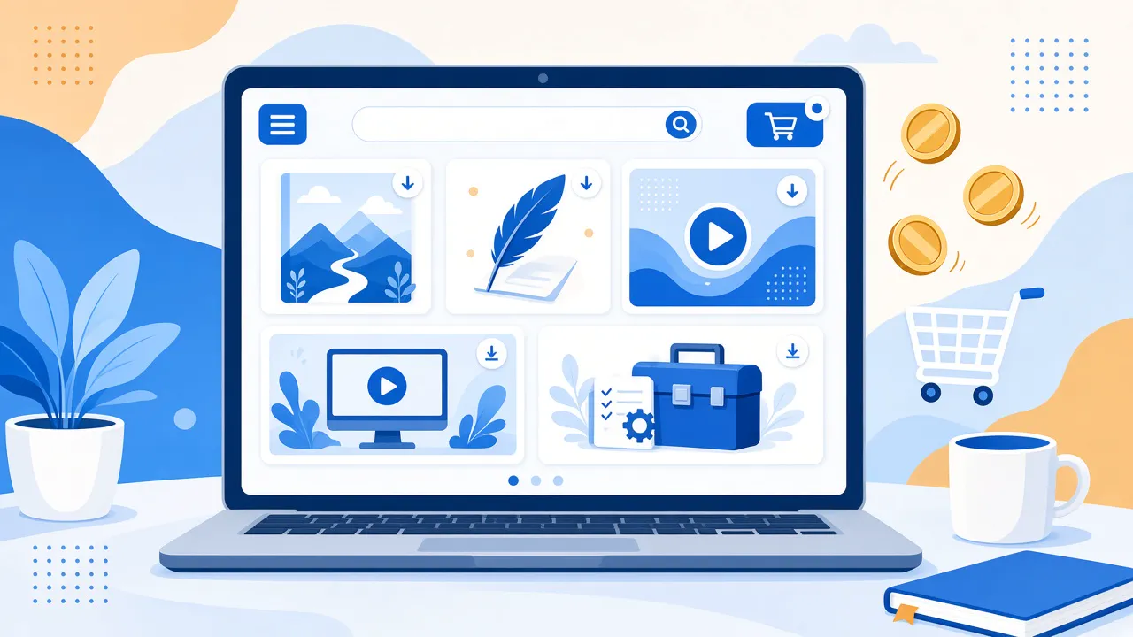 Illustration d'un ordinateur portable affichant une boutique en ligne de produits numériques