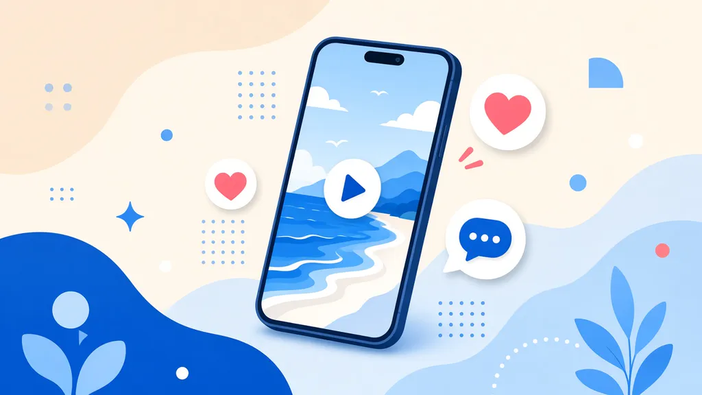 Illustration d'un téléphone affichant une vidéo verticale entourée d'icônes de cœurs et de commentaires
