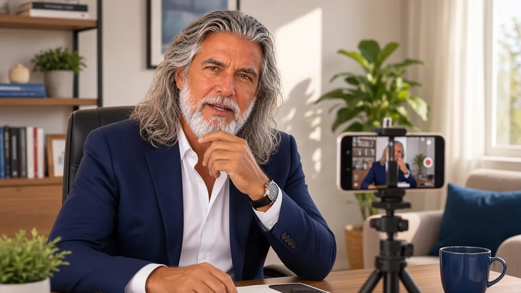 Jean-Philippe assis à son bureau, hésitant devant un téléphone posé sur un trépied prêt à filmer