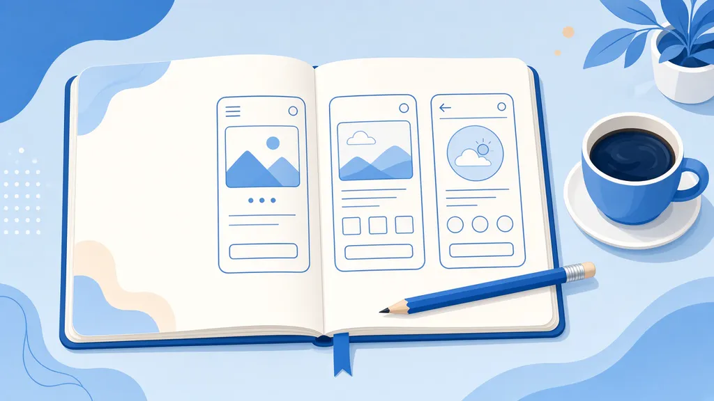 Illustration d'un carnet avec des croquis d'écrans d'application et un crayon